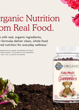 Garden of Life Organics Kids Gummy Vitamins - Fruit - Certified Organic, Non-GMO & Vegan Complete Children's Multi - B12, C & D3 - Gluten, Soy & Dairy Free, 120 Real Fruit Chew Gummies