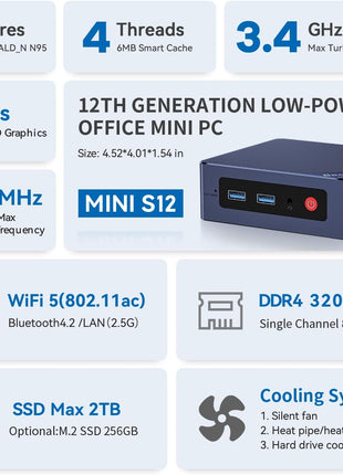 Beelink Mini S12 Pro Mini PC, Intel 12th Gen N100 (4C/4T, up to 3.4GHz), 16GB DDR4, 500GB SSD, Desktop Computer Support Dual HDMI 4K@60Hz, WiFi 6, BT5.2, NAS, Low Power