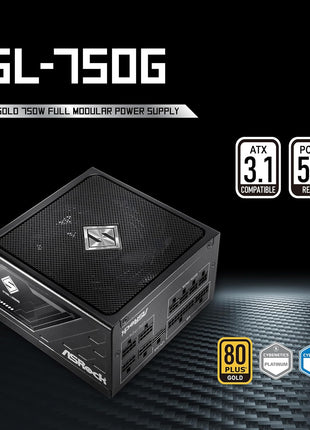 ASRock Steel Legend SL-750G 750W Power Supply ATX3.1 iCOOL Full Modular 10 Years Warranty 135 mm FDB Fan 80 Plus Gold Cybenetics Platinum PCIe5.1 12V-2x6 Cable Japanese Capacitor 5V Boost