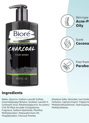 Bioré Men's Skincare Charcoal Face Wash, Deep Cleans Pores & Refreshes Skin, 6.77 Fl. Ounces