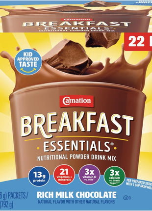 Carnation Breakfast Essentials Powder Drink Mix, Rich Milk Chocolate, 22 Count Box of 1.26 Ounce Packets
