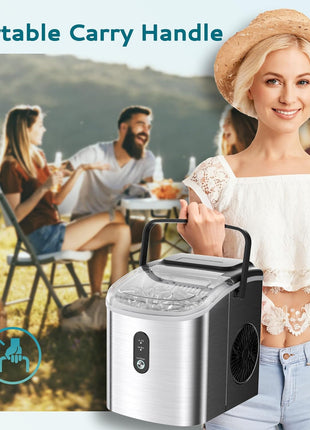 EUHOMY Ice Maker Countertop, Portable Ice Machine with Carry Handle, 26.5lbs Per Day, 9 Cubes in 6 Mins, Auto-Cleaning, with Basket and Scoop, for Home, Kitchen, Camping, RV (Silver)