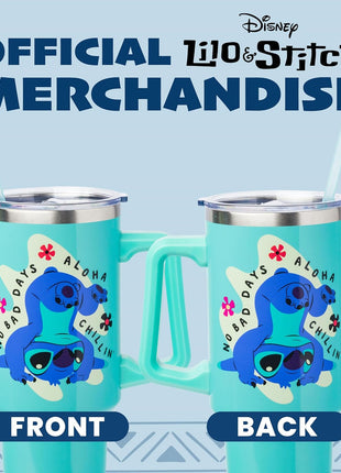 Silver Buffalo Disney Lilo and Stitch Aloha, Stainless Steel Tumbler, 40oz | Double Walled, Handle and Straw, Fits in Standard Cup Holder, Drinkware, Water Bottle, No Bad Days Chillin, Blue, 1.18 Liters