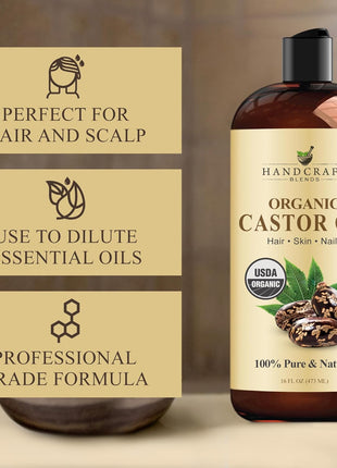 Handcraft Blends Organic Castor Oil 16 Fl Oz | 100% Pure and Natural | Premium Grade Carrier Oil | Hair, Eyelashes and Eyebrows | Hair and Body | Expeller-Pressed | Hexane-Free