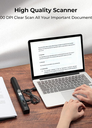 MUNBYN Portable Scanner, 900 DPI Handheld Wand Scanner, A4, 16GB SD, Black | A4 document/photo scanning, JPG/PDF output, flat scanning, USB transfer to PC/laptop, 16GB SD card included, no driver needed