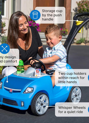 Step2 Whisper Ride II Kids Push Car, Ride-On Car with Seat Belt and Horn, Quick Fold Handle, Stroller Alternative, Toddlers and Preschoolers Ages 18+ Months, Blue