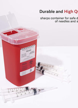 Alcedo 1 Quart Sharps Container (1-Pack) for Needle & Syringe Disposal | Small & Portable, Built-In Needle Removal Port, Temporary Safety Closure, Clear Lid, Ideal for Home, Travel & Professional