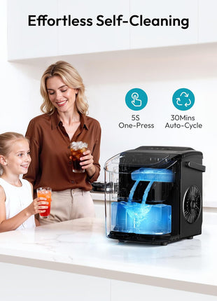 EUHOMY Countertop Ice Maker Machine with Handle, 26lbs in 24Hrs, 9 Ice Cubes Ready in 6 Mins, Auto-Cleaning Portable Ice Maker with Basket and Scoop, for Home/Kitchen/Camping/RV. (Black)