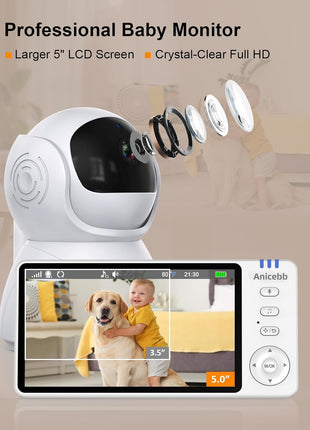 5inch HD Video Baby Monitor with Camera and Audio, No WiFi Hack-Proof Security, Remote Pan-Tilt-Zoom, 100-Hour Battery Life in VOX Mode, 1000ft Range, Night Vision, Temperature & Cry Alerts