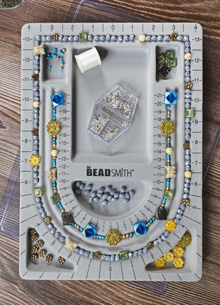 The Beadsmith Bead Board with Cover, Grey Flocked | 3 U-Shaped Channels, 6 Recessed Compartments,13.25 x 9.75 inches, Design Boards for Creating Bracelets, Necklaces and More