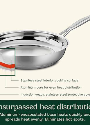 Cuisinart 10-Inch Open Skillet, Stainless Steel Skillet Large Kitchen Pan, Dishwasher Safe, Compatible with Induction, Electric, Gas Cooktops, Oven Safe Saucepan, Cool Grip Handles