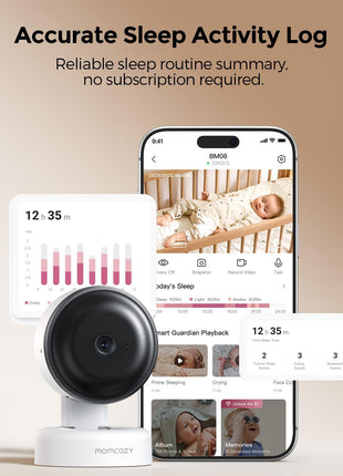 Momcozy Smart Baby Monitor, 2K HD Contact-Free Baby Camera, Table & Floor Stand, AI-Powered Notifications for Cry & Sound & Motion, Sleep Activity Log, 2-Way Audio, Night Vision, 2.4/5GHz WiFi, BM08