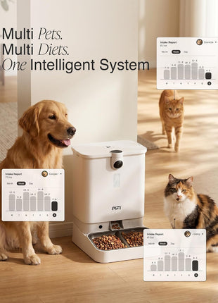 Automatic Cat Feeder with Camera for Multiple Cats & Dogs, 6L Dual Hopper | AI Recognition for Up to 3 Pets, 5/2.4 GHz WiFi App Control, 1080p Dual Cameras, Night Vision, Two-Way Audio