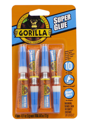 Gorilla Super Glue, Clear Glue, Four 3 Gram Tubes (Pack of 1) - All Purpose and Fast Setting for Projects and Repairs