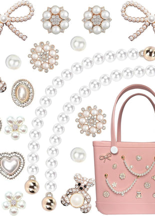 Charms for Bogg Bag,Pearls,Butterfly Flowers and Chain for Bogg Bag Accessories Charms(20 pcs)