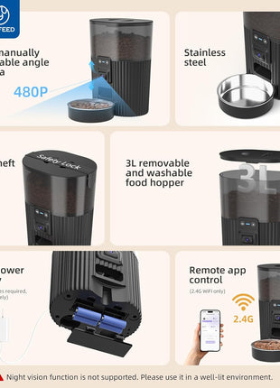 PAPIFEED Automatic Cat Feeder with Camera, 3L Cat Food Dispenser with App, 2.4G WiFi Timed Cat Feeder for Dry Food, 2-Way Audio, Smart Pet Feeder for Small Dog, 10 Meals/Day, 6 Portions/Meal