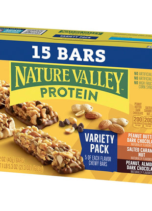 Nature Valley Protein Bars Variety Pack, Gluten Free Chewy Granola Snack Bars, 10g Protein, Peanut Butter Dark Chocolate, Salted Caramel Nut, Peanut Almond Dark Chocolate, 15 Count, 21.3 oz Box