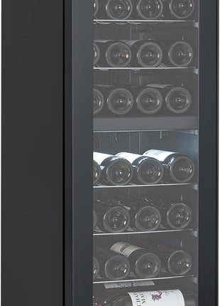 15 Inch Wine Cooler Refrigerator - 28 Bottle Capacity, Double-Layer Glass Door, Temperature Stable System, Digital Control, Single Area Dual Temperature, Built-in or Freestanding, with Lock