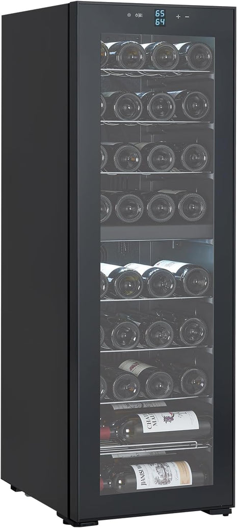 15 Inch Wine Cooler Refrigerator - 28 Bottle Capacity, Double-Layer Glass Door, Temperature Stable System, Digital Control, Single Area Dual Temperature, Built-in or Freestanding, with Lock