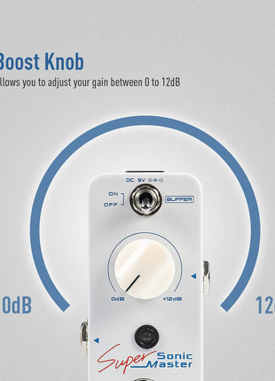 SONICAKE Clean Boost Pedal with Buffer and ? Gain, Mini Pure Boost Guitar Bass Effects Pedal - Sonic Super Master