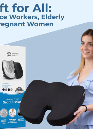 Seat Cushion for Office Chairs - Fits 18 inchx14 inch Seats, Tailbone, Coccyx Pain Relief - Butt, Pressure & Sciatica Relief - Gaming, Wheelchair, Car & Desk Pillow, Black