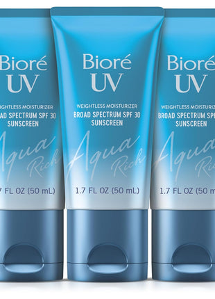 Biore UV Aqua Rich SPF 30 PA+++ Daily Moisturizer Sunscreen for Face, For Sensitive Skin, Oil Free, Hyaluronic Acid, Vegan, Oxybenzone & Octinoxate Free, Dermatologist Tested, 1.7 Oz/3pk