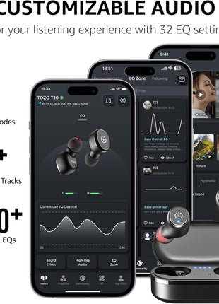 TOZO T10 Wireless Earbuds Bluetooth 5.3 Headphones, App Customize EQ, Ergonomic Design, 55H Playtime, Wireless Charging Case, IPX8 Waterproof Sound in-Ear Headset, New Version