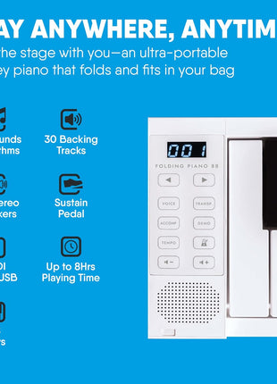 Carry-on 88 Key Folding Piano - Ultra-Portable and Full-Sized with 128 Voices and USB MIDI Connectivity - Travel Piano Keyboard Perfect for Practice, Travel, and Performances - Black