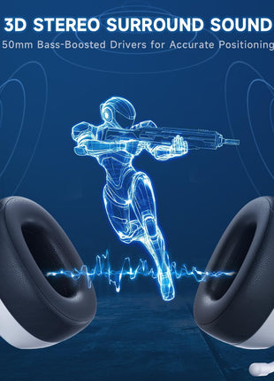 Gvyugke 2.4GHz Wireless Gaming Headsets for PS5, PS4, PC, Switch - Bluetooth 5.3 Gaming Headphones with Noise Canceling Mic, 7.1 Surround Sound, 70H Battery, Blue Lighting - White