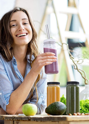 8 Pack 16OZ Glass Juice Bottles with 8 Airtight Lids & 2 Straw Lids & 2 Straws - Freezable Juice Container, Travel Juicing Jars, Drinking Water Cups - Reusable Tall Mason Jar for Tea, Juice, Smoothies