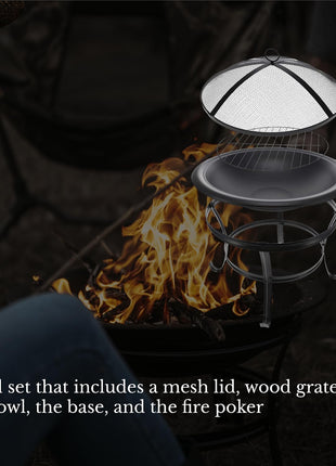 Gas One 22 in Outdoor– Wood Burning Fire Pit with Mesh Lid and Fire Picker – Durable Alloy Steel Fire Pits for Outside – Small Fire Pit for Backyard, Porch, Deck, Camping, BBQ