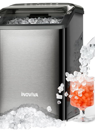 inoviva Nugget Ice Maker Countertop, 40lbs/24H Soft Chewable Pellet Ice Machine with Self-Cleaning, Sonic Ice Maker for Home Kitchen,Office - Black Stainless