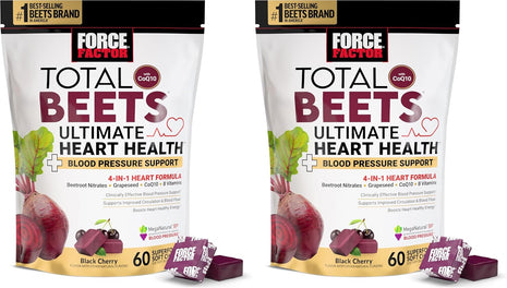 Force Factor Total Beets Ultimate Heart Health Chews for Blood Pressure Support, with Beetroot Powder,CoQ10,B Vitamins & Grapeseed Extract for Blood Flow&Energy, Black Cherry,60 Soft Chews,(Pack of 2)
