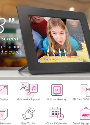 Aluratek 8" Digital Picture Frame w/Built-In Memory, USB/SD/SDHC Supported, Built-In Clock & Calendar, Auto On-Off (ADMPF108F)