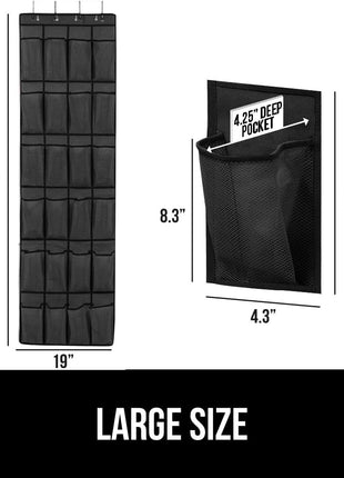 GORILLA GRIP Over the Door Shoe Organizer, 24 Large Breathable Mesh Pockets, Space Saving Hanging Storage Holder, Closet Rack Hanger Holds Up to 40 lbs, Hangs on Closets for Shoes, Accessories, Black