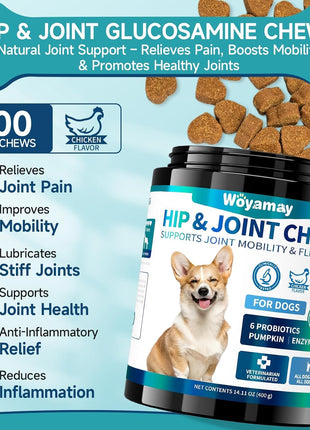 Dual-Action Dog Probiotics & Hip/Joint Supplement - 200 Soft Chews with Glucosamine, Chondroitin, MSM, Probiotics for Digestion, Immune & Joint Health, Gas Relief, Chicken Flavor (All Ages/Breeds)