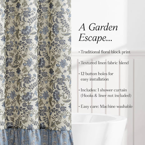 Lush Decor Lillian Block Print Linen Textured Shower Curtain Single 72 inch W x 72 inch L Blue & Sage - Vintage Floral Shower Curtains - Ruffled Bath Curtain