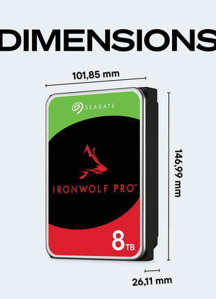 Seagate IronWolf Pro, 8 TB, Enterprise NAS Internal HDD –CMR 3.5 Inch, SATA 6 Gb/s, 7,200 RPM, 256 MB Cache for RAID Network Attached Storage (ST8000NT001) | 7200 RPM drive with CMR technology and 24x7 performance for RAID, NAS systems and AI training