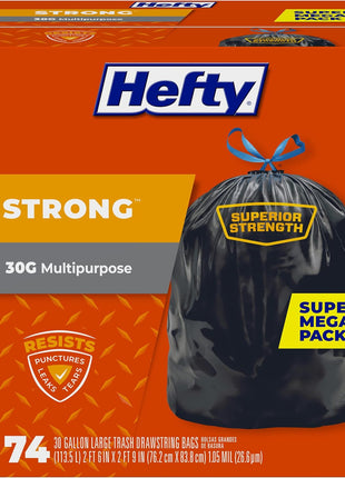 Hefty Strong Large Trash Bags, Black, 30 Gallon, 74 Count