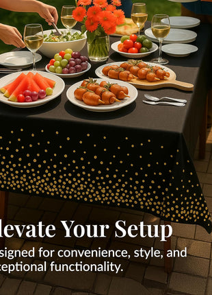 Prestee Gold and Black Table Cloth for Events   Pack of 4, 54 x 108 Inches   Disposable Table Cover, Ideal Black Tablecloths for Party Decorations, Dining, and Holiday Celebrations