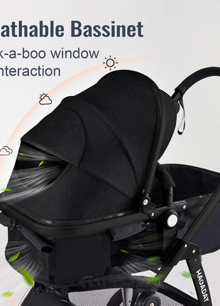Baby Stroller, 2-in-1 Reversible Toddler Seat with Lie-Flat Mode, Foldable Infant Stroller with Canopy, One Button Brake, Adjustable Handle, Newborn Pushchair (Black B)