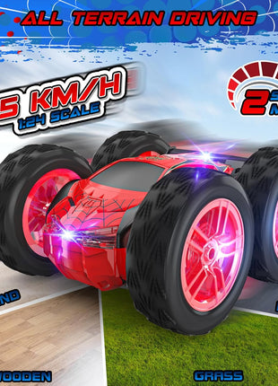 Remote Control Car for Kids, RC Stunt Cars Toys for Boys Ages 4-7 with Cool Double-Sided Pattern and LED Flash, 1:24 Vehicle Toy Car Hobby Racing Car Toys Gift for 3 4 5 6 7 8 9 Year Old Boys