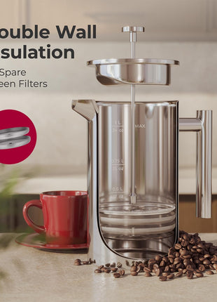 MuellerLiving French Press Coffee Maker 34oz, Stainless Steel French Press Coffee, 4 Filter Heat Resistant Double Insulated, Rust Free, Food Grade, Dishwasher Safe Coffee Pot
