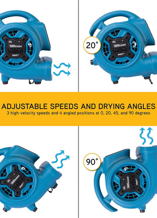 XPOWER P-230AT Mini Mighty 1/4 HP 925 CFM Centrifugal Air Mover, Carpet Dryer, Floor Fan, Blower, Stackable, Daisy Chain, for Water Damage Restoration, Janitorial, Plumbing, Home Use