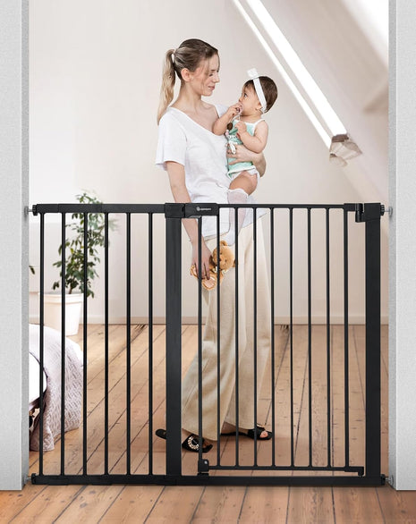COMOMY 36" Extra Tall Baby Gate for Stairs, Fits 29.5" to 48.8" Openings | Auto Close Extra Wide Dog Gate for House, Pressure Mounted Easy Walk Through Pet Gate with Door, Black