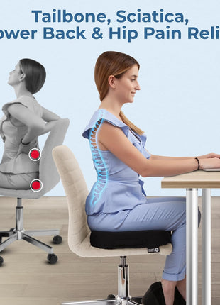 Seat Cushion for Office Chairs - Fits 18 inchx14 inch Seats, Tailbone, Coccyx Pain Relief - Butt, Pressure & Sciatica Relief - Gaming, Wheelchair, Car & Desk Pillow, Black