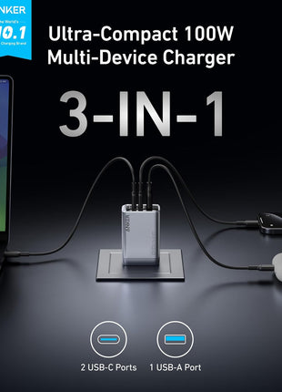 Anker Prime Charger, 100W Max 3-Port Compact Foldable USB C Charger | Fast Laptop Charger Power Adapter for MacBook Pro/Air, iPad Pro, iPhone 17/16/15 Series, Galaxy S25/S24,and More