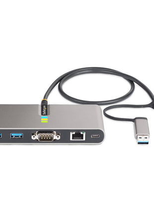 StarTech.com 2-Port USB-C Hub with Gb Ethernet and RS232 FTDI Serial, Attached USB-C to USB-A Dongle, 100W PD Pass-Through, 2X USB-A 5Gbps