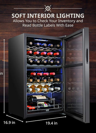 Ivation 33 Bottle Dual Zone Wine Cooler Refrigerator w/Lock | Large Freestanding Wine Cellar For Red, White, Champagne & Sparkling Wine | 41f-64f Digital Temperature Control Fridge Glass Door Black