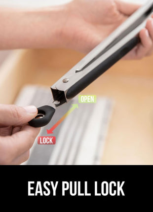 GORILLA GRIP Stainless Steel Heat Resistant Kitchen Tongs for Cooking, Set of 2 BBQ Tong, Non Scratch Silicone Tip for Pans, Strong Grip, Grab Food, Toss Salad, Air Fryer, Pull Lock, 7 + 9 Inch, Black